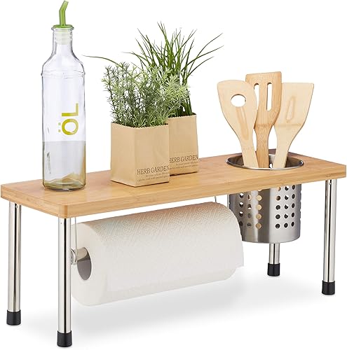 Relaxdays Portautensili da Cucina, con Porta posate & Rotoli da Cucina, Spezie, Bambù & Acciaio Inox, Naturale/ Argento - Honorern