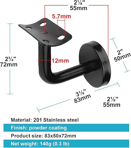 8 pezzi staffa nera per corrimano, supporto metallico a parete legno rotondo, acciaio inox - Honorern