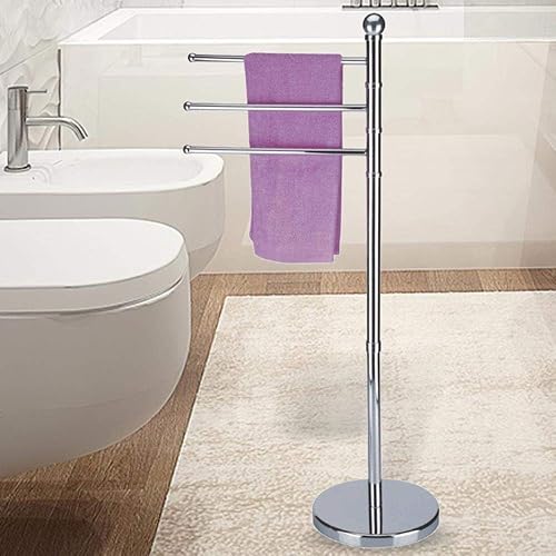 Portasciugamani da Terra a Piantana con 3 Aste Porta Asciugamani Girevoli Regolabili e Base Rotonda in Acciaio Cromato Colore Silver Dimensioni 66 x 23 x 90 cm - Honorern