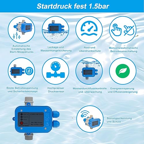 Jopassy 1100 W, 9000 l/h, controllo della pompa, interruttore a pressione per acqua con cavo, regolatore di pressione 10 bar, IP65, regolatore di flusso per pompa dell'acqua domestica (1,5-3 bar) - Honorern