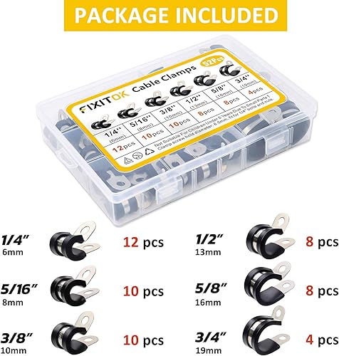 52Pcs Gomma Morsetto per Cavi in Acciaio Inossidabile P Clips Gomma Fascette Stringitubo 6 Dimensioni 1/4' 5/16' 3/8' 1/2' 5/8' 3/4' Morsetto per Cavi in Gomma - Honorern