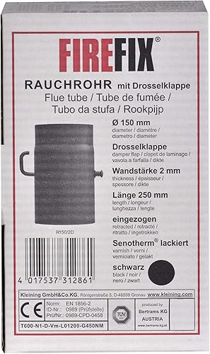 Tubo per Stufa R150/2D in Acciaio Spesso 2 mm (Tubo Fumetto) di 150 mm di Diametro, per camini e caminetti, Senotherm, Nero, 250 mm di Lunghezza con sportello di Regolazione, R150/2D - Honorern