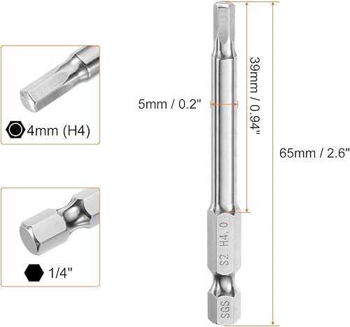 Chiave Esagonale Punta Trapano 4mm (H4) Metrico 1/4' Attacco Esagonale 65mm (2.6') Lungo Punte Avvitatore Magnetica Acciaio S2 Punte Trapano Testa Piana Esagonale per Viti - Honorern