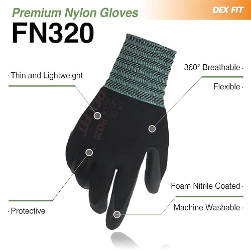 DEX FIT FN320 Guanti da Lavoro in Nylon Premium - Vestibilità 3D-Comfort, Presa in Nitrile, Sottili e Leggeri, Super Traspiranti e Protettivi, Lavabili; Grigio 9 (L) 3 Paia - Honorern