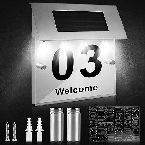 Numero Civico Solare Illuminato, Numero Civico Esterno Personalizzato Acciaio Inox 4 LED Targa Numero Antiruggine con Numeri 0-9 & Lettere A-Z, a-p - Honorern