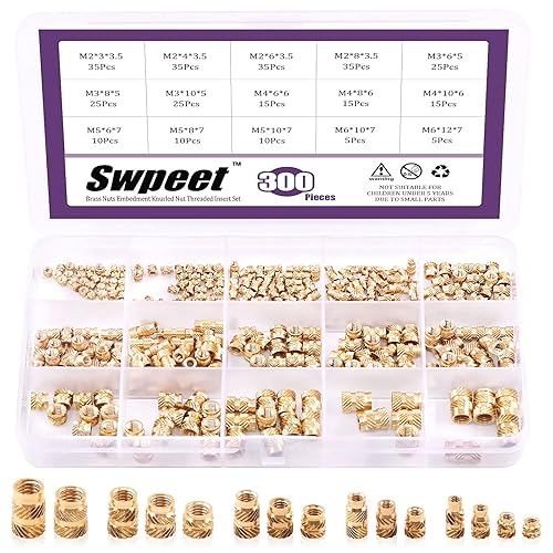 Swpeet,Set di 300 dadi zigrinati in ottone con inserto filettato in ottone, M2, M3, M4, M5, M6, filettatura femmina M6, saldati, kit di stampaggio ad iniezione perfetto per stampa 3D - Honorern