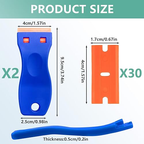 2 Pezzi Raschietti in Plastica con 30 Lame in Raschietto Plastica, Raschietto Vetroceramica Rimozione della Colla in Vinile per Finestre e Raschietti in Vetroceramica Auto (Blu) - Honorern
