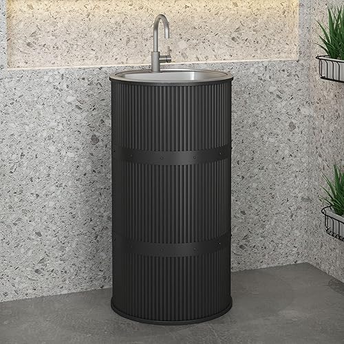 Lavandino a Colonna Moderno in Ferro Battuto, Mobile da Bagno con Lavabo in Acciaio Inox, Lavandino su Piedistallo Freestanding Set con Rubinetto e Scarico (con contenitore,nero) - Honorern