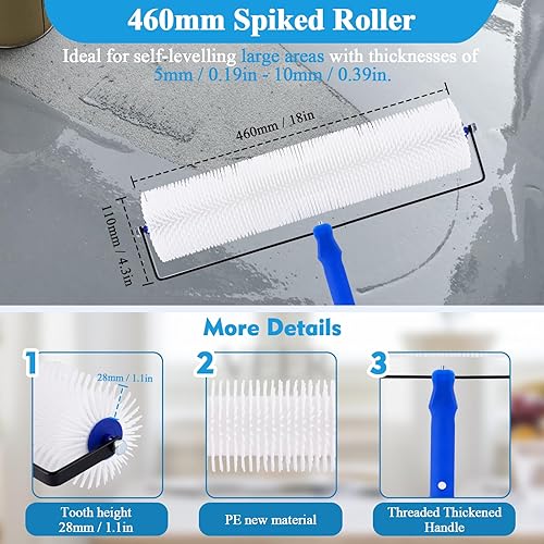 MABAOHENG Kit di Strumenti Autolivellanti per Cemento con 2m Rimovibile Manico Esteso, 28mm Rullo per Rimuovere le bolle epossidico per pavimenti, 300mm scarpe a chiodo, Set di rulli di sfiato 460mm - Honorern