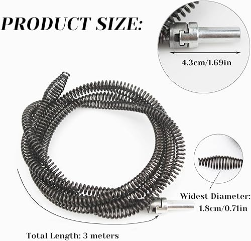 Sonda Sturatubi Professionale 3m Diametro 10 mm, Spirale per Pulizia Tubi, Stura Lavandini e Scarichi Professionale, Molla Sturatubi, Sturatubi Stura WC, Coclea Di Drenaggio per Pulire Le Tubature - Honorern