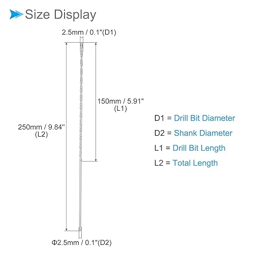 Extra Lungo Torsione Trapano Punte 2.5mm x 250mm Alta Velocità Acciaio Torsione Trapano Punta per Metallo Falegnameria 2-Pezzi - Honorern
