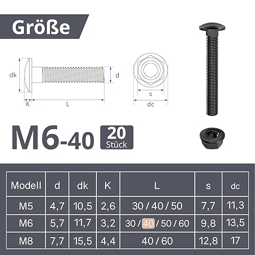 Viti a testa tonda M6 × 40, in ossido nero, DIN 603 (20 pezzi), con dado a flangia esagonale, in acciaio inox A2 V2A, viti a testa tonda - Honorern
