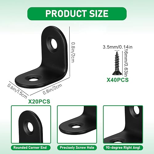 20 Staffe Angolari a Forma di L, Staffe ad Angolo Retto, Staffe Angolari Piccole in Acciaio Inossidabile Nero Staffe di Collegamento per Mobili in Legno, Armadi, Sedie, Tavoli - 0,79x0,79 pollici - Honorern