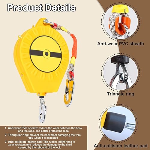 Dispositivo Anticaduta Retrattile 3-20m, Protezione Personale Imbracatura di Sicurezza Anticaduta, Cordino di Sicurezza con Gancio per Lavoro Aereo, Capacità di Carico: 150kg (Yellow, 5m) - Honorern