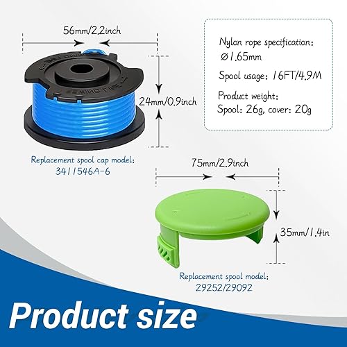 Bobine di filo di ricambio per Greenworks 29252/29092, per Greenworks 18 V/24 V/40 V/60 V/80 V, per copertura bobina Greenworks 3411546A-6 (4 bobine + 1 tappo) - Honorern
