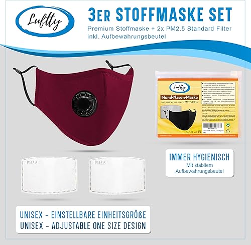 Behelfs - Paradenti per bocca e naso con filtro, valvola | maschera rossa e diversi colori | maschera per il viso lavabile con passanti regolabili | interno in cotone (valvola, rosso scuro) - Honorern