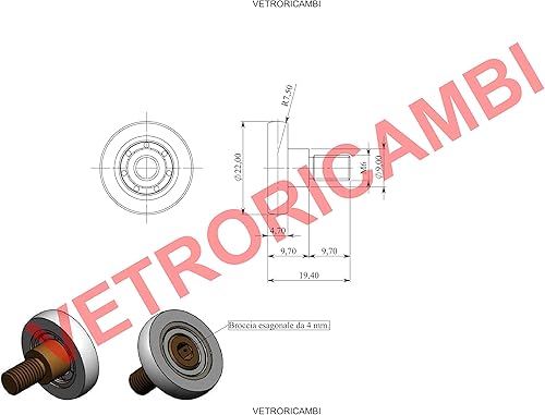 Cuscinetti Box Doccia VR - Kit 2 PEZZI Ricambio per Ante Doccia Scorrevoli Diametro 22 Dimensioni 22×4,7×19,4 filetto M6 Broccia post. CH4 Profilo Tondo - Honorern