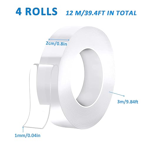 4 Rotoli Nastro Biadesivo Extra Forte Nano Nastro Biadesivo Rimovibile Multifunzione Trasparente Biadesivo Non Lascia Tracce Nastro Adesivo di Montaggio Per Foto Poster Tappeti Muro Casa (12m) - Honorern
