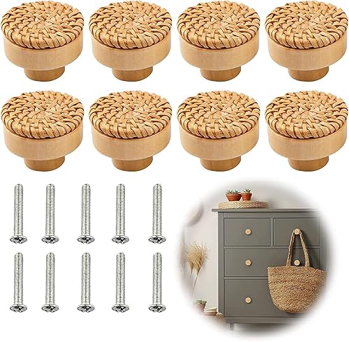 Pomelli per mobili in rattan, 6 pezzi, 40 mm, in rattan, cassetti, cassetti, in legno boho, decorativi, in legno naturale, maniglie per mobili in legno, per armadietti - Honorern