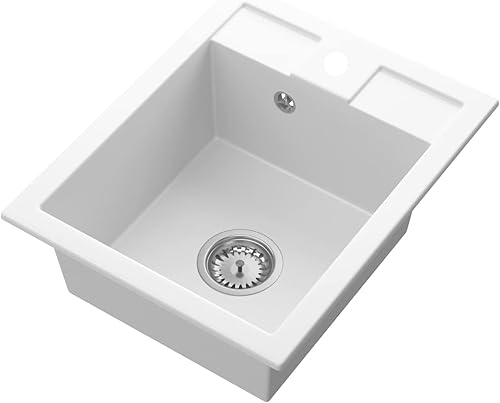 Lavello Cucina - Lavabo Cucina con Sifone Cromati + Impregnante 30 ml - Lavandino Cucina - Lavello Cucina 1 Vasca - Lavello 40x50 cm con Fori Preforati in Materiale Granito - Bianco - Honorern