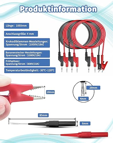 Set di 6 Multimetri con Morsetti a Coccodrillo, Spina a Banana Isolata da 4mm, Linee di Misurazione per Misuratori di Corrente, Sonde di Prova per Multimetro Digitale - Honorern