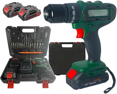 Trapano Avvitatore a Batteria con Percussione Doppia Batteria 68V 5000mAh Mandrino in Metallo da 13mm Doppia Velocità 0-350/0-1200 RPM con Luce LED + Accessori è Valigetta - Honorern