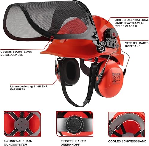 Casco protettivo per motoseghe con visiera e protezione dell'udito per giardinieri e lavoratori forestali, con custodia portatile e inserto rinfrescante per casco - Honorern