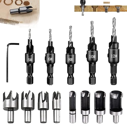14 Pcs Fresa Legno Punte Trapano Kit,8 Pcs Frese per Tappi in Legno,5 Pcs 1/4 Punta con Svasatore per Legno, Con Chiave Angolare a L, per Legno Strumento di Elaborazione - Honorern