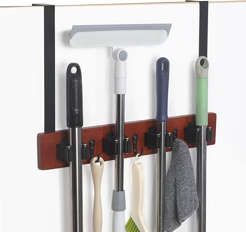 Porta Scopa per Porta, Porta Scopa a Parete Senza Foratura, Bambù, 4 Supporti + 3 Ganci per Cucina, Scale, Bagno, Garage - Honorern