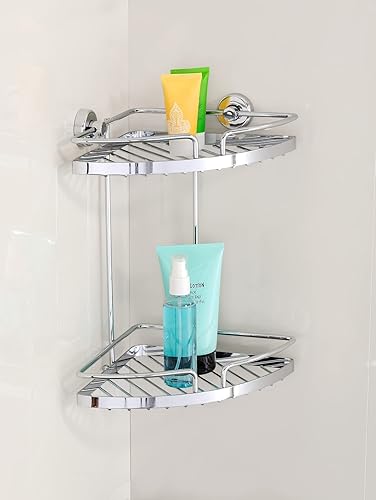 Wenko 17829100 Scaffale Angolare Sion Grande Power-Loc, 2 Ripiani, Fissaggio Senza Trapano, Acciaio, Materiale Plastico, 19 x 31,5 x 28 cm, Cromo - Honorern