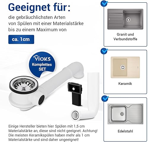 Scolo per lavello, valvola a cestello, 70 mm, con creatore, troppopieno, scarico da cucina, lavello con troppopieno, scarico lavello - Honorern