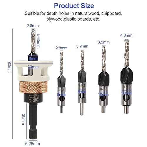 Set di 6 Punta da Trapano con Svasatore, Svasatore per Legno Regolabile, Punte Trapano Legno con Arresto di Profondità, con Codolo Esagonale da 1/4”, HSS-M2, per Lavorazione del Legno - Honorern
