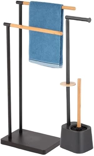 Kit 2 Piantane da Bagno in Acciaio Smaltato e Inserti in Bambù Piantana WC Porta Carta Igienica, Porta Scopino, Porta Asciugamani Accessori Bagno Pratiko Life (Nero) - Honorern