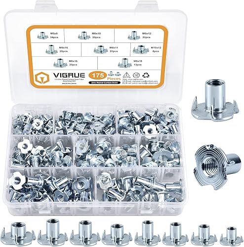 VIGRUE Set di 175 dadi con 4 punte in acciaio zincato a scelta in M5 M6 M8 M10, filettatura per il fissaggio di componenti, per legno e plastica - Honorern