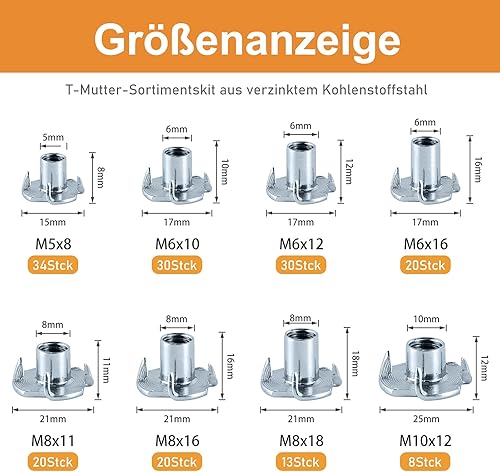 VIGRUE Set di 175 dadi con 4 punte in acciaio zincato a scelta in M5 M6 M8 M10, filettatura per il fissaggio di componenti, per legno e plastica - Honorern
