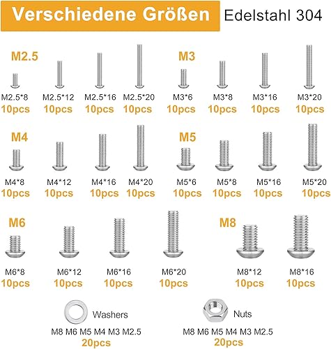 Set di 460 viti e dadi, M2.5, M3, M4, M5, M6, M8, viti a esagono incassato in acciaio inox, dadi e rondelle, set con scatola e chiavi - Honorern