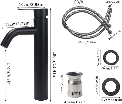Rubinetto per lavabo alto Rubinetto Bagno Nero Rubinetto Lavabo Monocomando in Acciaio Inossidabile Miscelatore per Bagno Controllo Acqua Calda e Fredda per Alto Rubinetti Lavabo Cromo - Honorern