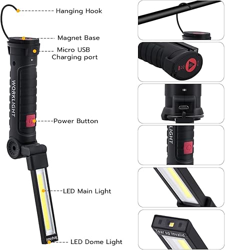 Wigearss Torcia LED Ricaricabile Luce da Lavoro Torcia COB Lampade di Ispezione con Base Magnetica e Gancio Appeso - Honorern