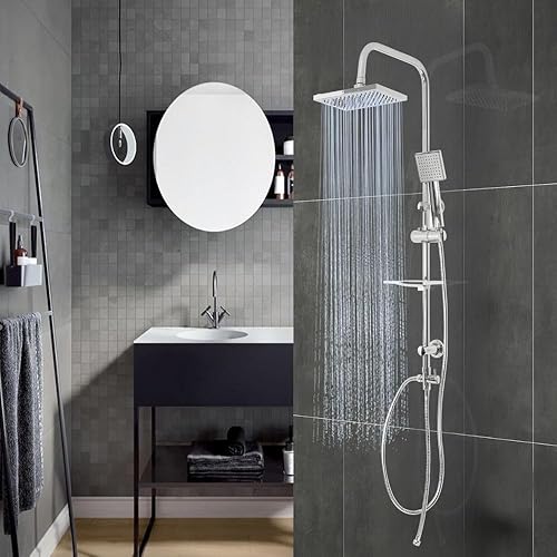 Colonna Doccia Attrezzata Luna Ottone Cromato Soffione Quadro Doccetta Collegabile a Miscelatore Termostatico o Presa d'Acqua a Muro - Honorern