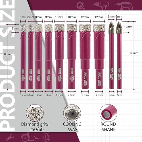 QUEFORET Punte Diamantate Gres Porcellanato 6mm - 10 Pezzi Punte Trapano per Porcellana Piastrelle Ceramica Marmo Granito, Gambo Rotondo - Honorern