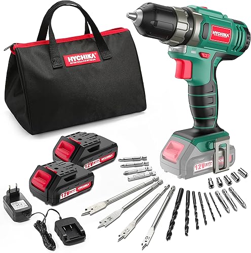 HYCHIKA Trapano Avvitatore Batteria 12V, 2 Velocità 21+1 Impostazione Della Coppia Massima di 30 Nm, 5x Punte Elicoidali, 20x Pezzi di Viti, Adatto Per Praticare Fori su Legno, Plastica e Metallo - Honorern