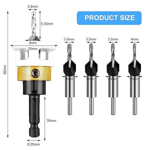 Svasatore per Legno, Set di 4 Punte per Svasatura Conica con Arresto di Profondità e Attacco Esagonale da 1/4', in HSS-M2 Punte da Trapano per Svasare Regolabile per per Fori in Legno Plastica - Honorern