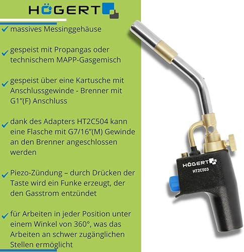 Högert Technik - Turbo propan gas torch - Bruciatore a gas turbo professionale - Bruciatore a gas propano per lavori sanitari, di installazione, di tetto e di officina - Funzione AUTO START/STOP - Honorern
