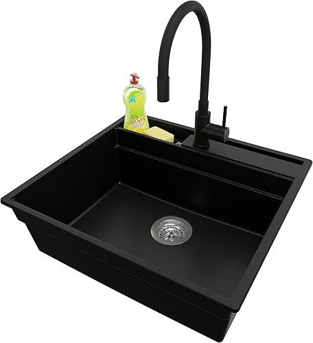 Lavello da Cucina Nero 58x53cm, Lavandino da Cucina a 1 vasca + Sifone Classico + Accessori, Lavabo da Cucina Incasso al mobile 60cm - Oslo Pocket di Primagran - Honorern