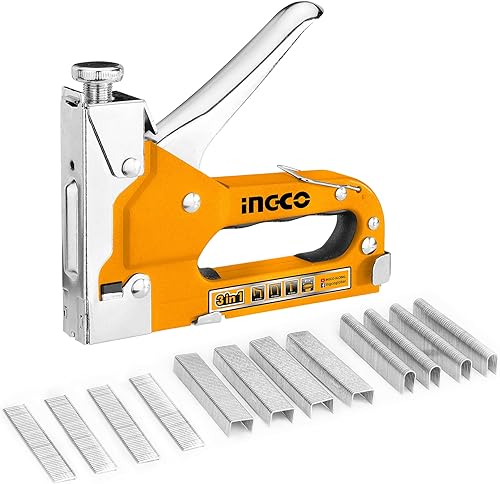 INGCO Pistola per graffette, pistola 3 in 1 resistente con 200 punti, 200 punti a forma di U, 200 chiodi Brad - Honorern