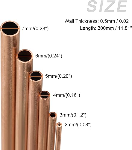 Rame Tubo (2mm-7mm OD x 0.5mm Parete T x 300mm L)6pz, Tubo Dritto in Metallo Senza Cuciture - Tubo Tondo in Rame per Casa Arredamento, Macchine, Fai-da-Te Artigianato - Honorern