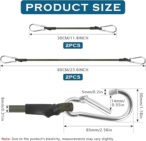 4 Pezzi Corda Elastica con Moschettone Durevole, 30/60cm Cinghie Elastiche a Moschettone Robuste, Resistente Corde Elastiche con Gancio per Bagagli Bicicletta Campeggio Auto - Honorern