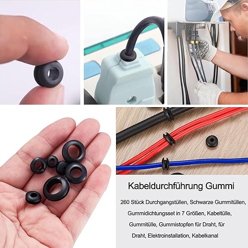 Occhielli in Gomma Nera, 260 Pezzi Passacavo in Gomma Set, Gommini Passacavo Elettrico, 7 Dimensioni di kit di Guarnizioni in Gomma, Passacavi in Filo di Gomma Occhiello, per Cavi, Tubi per Cavi - Honorern