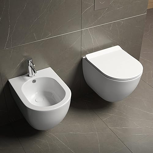 Sanitari sospesi Installazione a Muro Vaso WC Rimless, Bidet e Sedile termoindurente con Chiusura rallentata - Honorern
