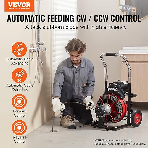 VEVOR Sbloccatubi Elettrico 50m x 0,95cm Macchina per la Pulizia dei Tubi Alimentazione Automatica Pulitore per Tubi di Scarico con 4 Taglierine, Azionamento a Pedale Pneumatico per Tubi da 5-10 cm - Honorern